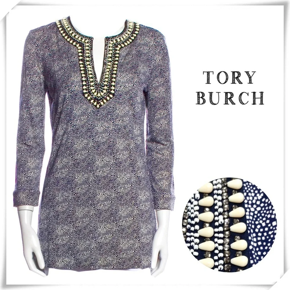 TORY Burch Silk Beaded Neck Dots Print Tunic Top in Blue Size S